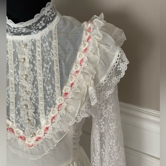 Gunne Sax vintage white and pink bow/ lace dress - Picture 1 of 11